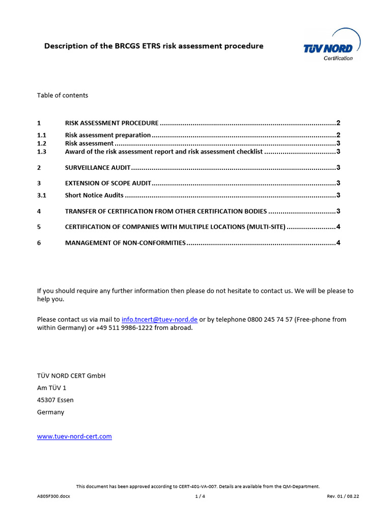 BRCGS ETRS Risk Assessment Overview | PDF | Risk Assessment | Audit