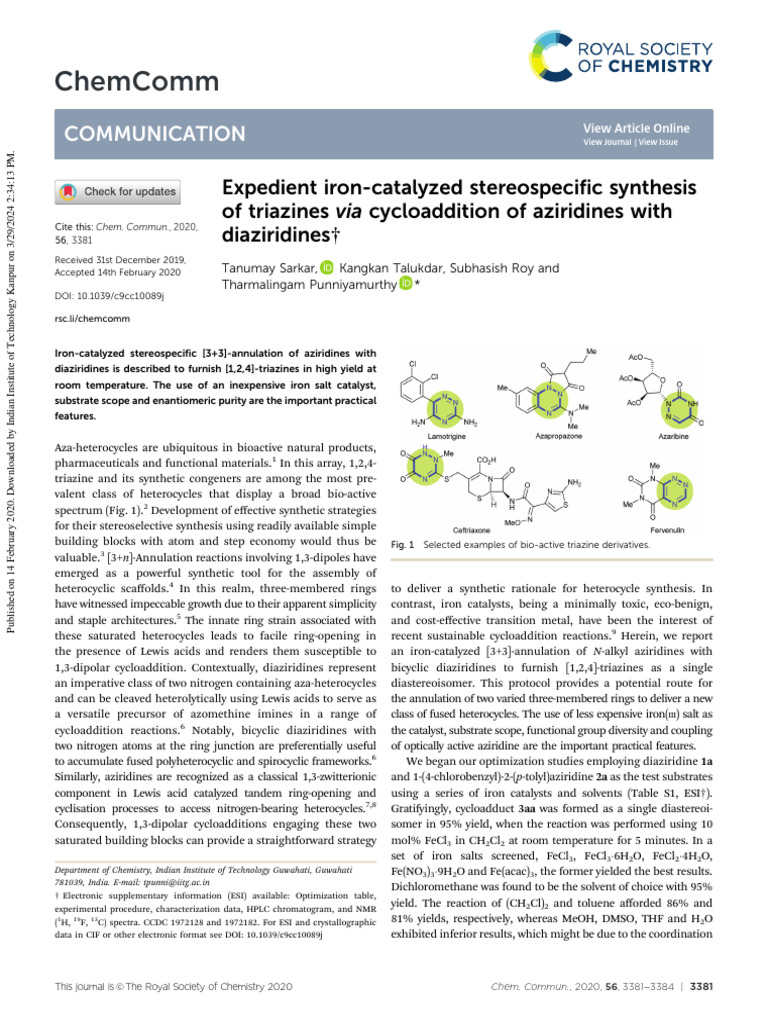 Chem. Commun., 2020, 56, 3381 3384 PDF Chemical Reactions Enantioselective Synthesis