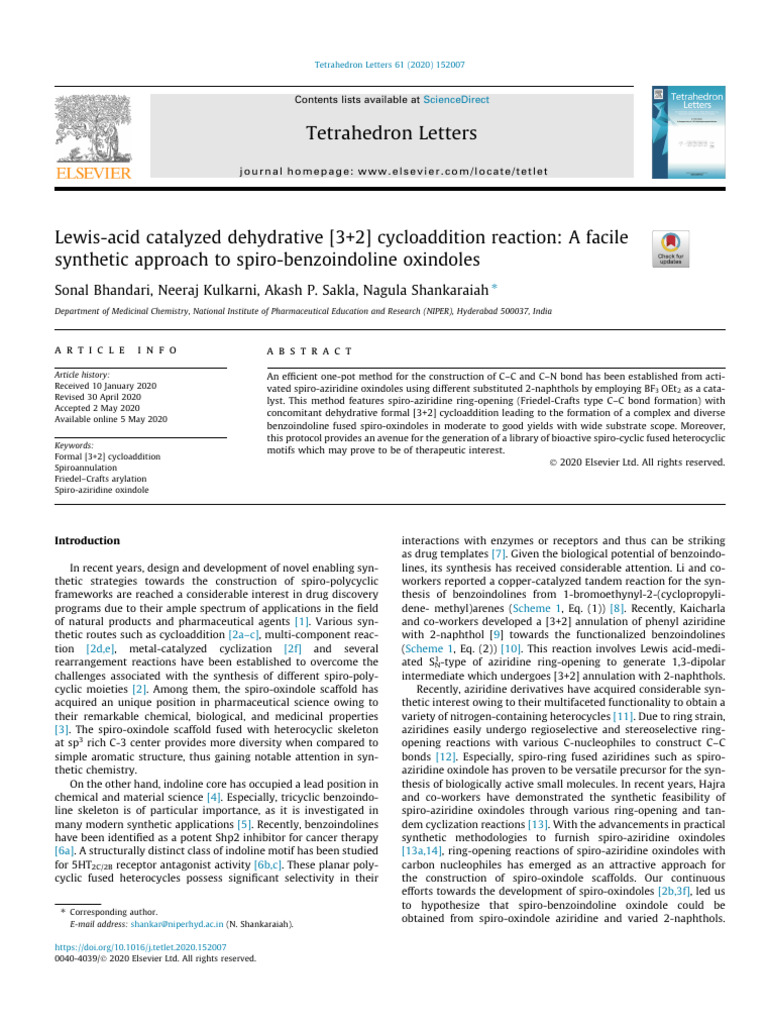 Tetrahedron Letters 2020 61 152007 PDF Chemical Reactions