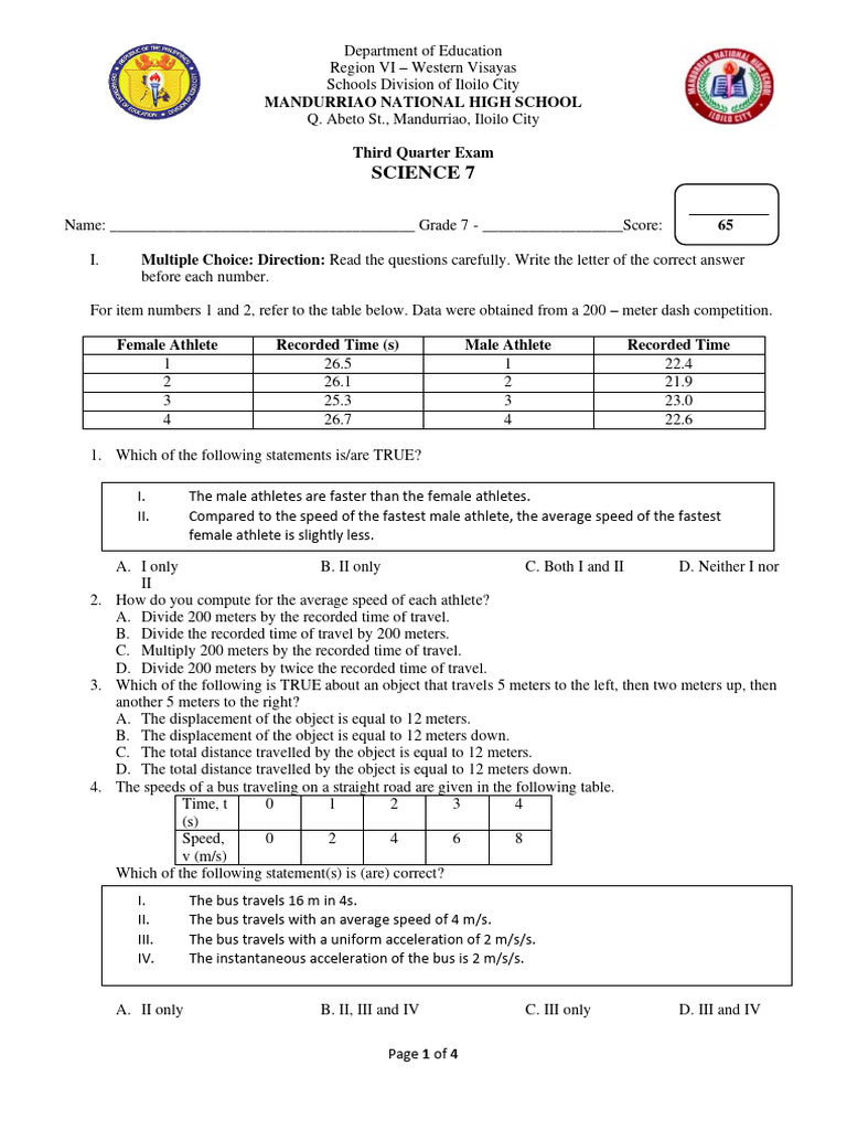 Science 7: Motion and Waves Exam | PDF | Speed | Acceleration