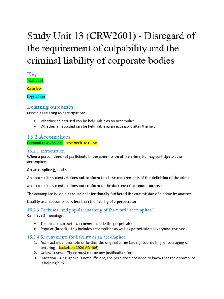 CRW2601 Study Unit 15 Participation II Accomplices and Accesories After ...
