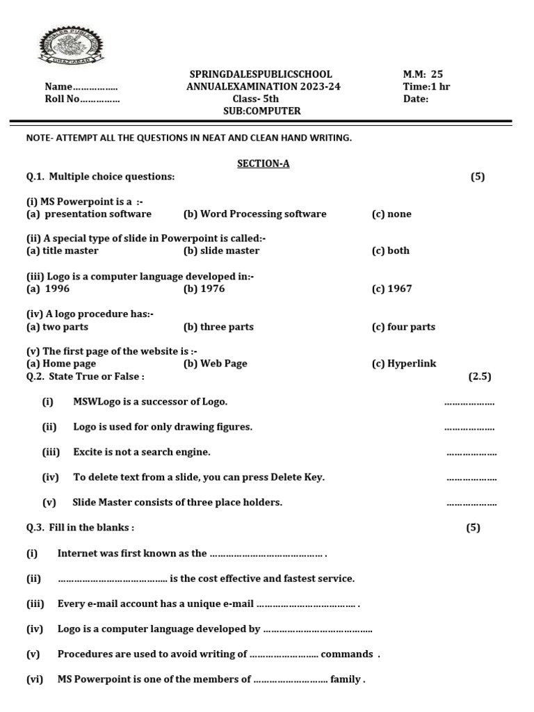 Class 5 Computer Exam Paper 2023-24 | PDF | Websites | Computing