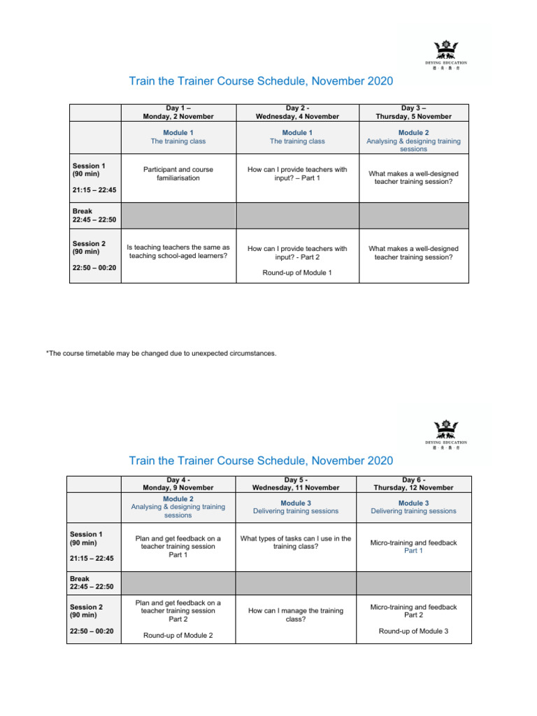 Train The Trainer Course Schedule - Nov 2020 | PDF | Teacher Education ...