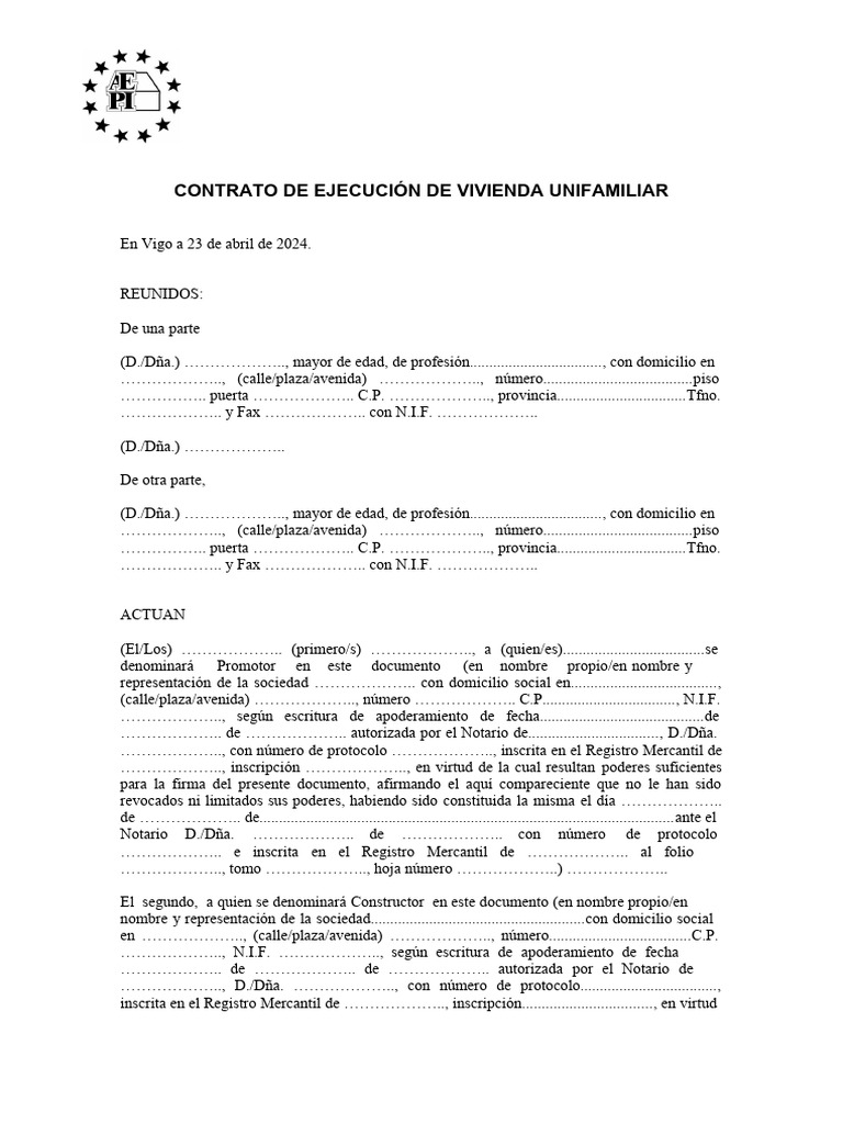 Contrato de Ejecucion de Vivienda Unifamiliar | Descargar gratis PDF ...