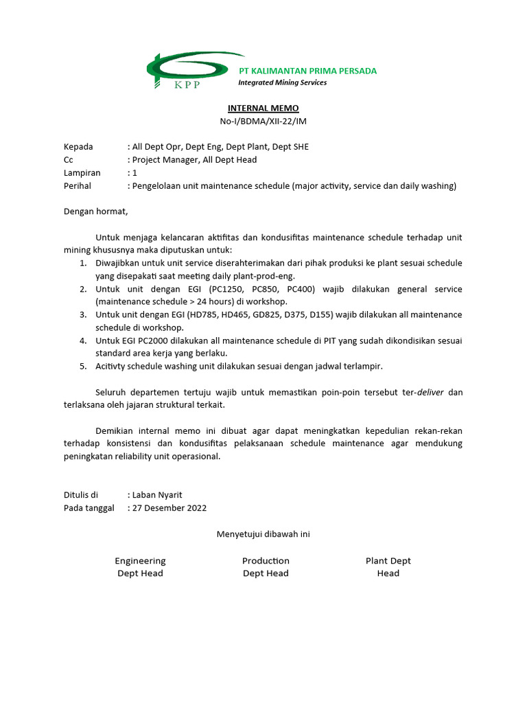 Internal Memo Pelaksanaan Schedule Maintenance | PDF