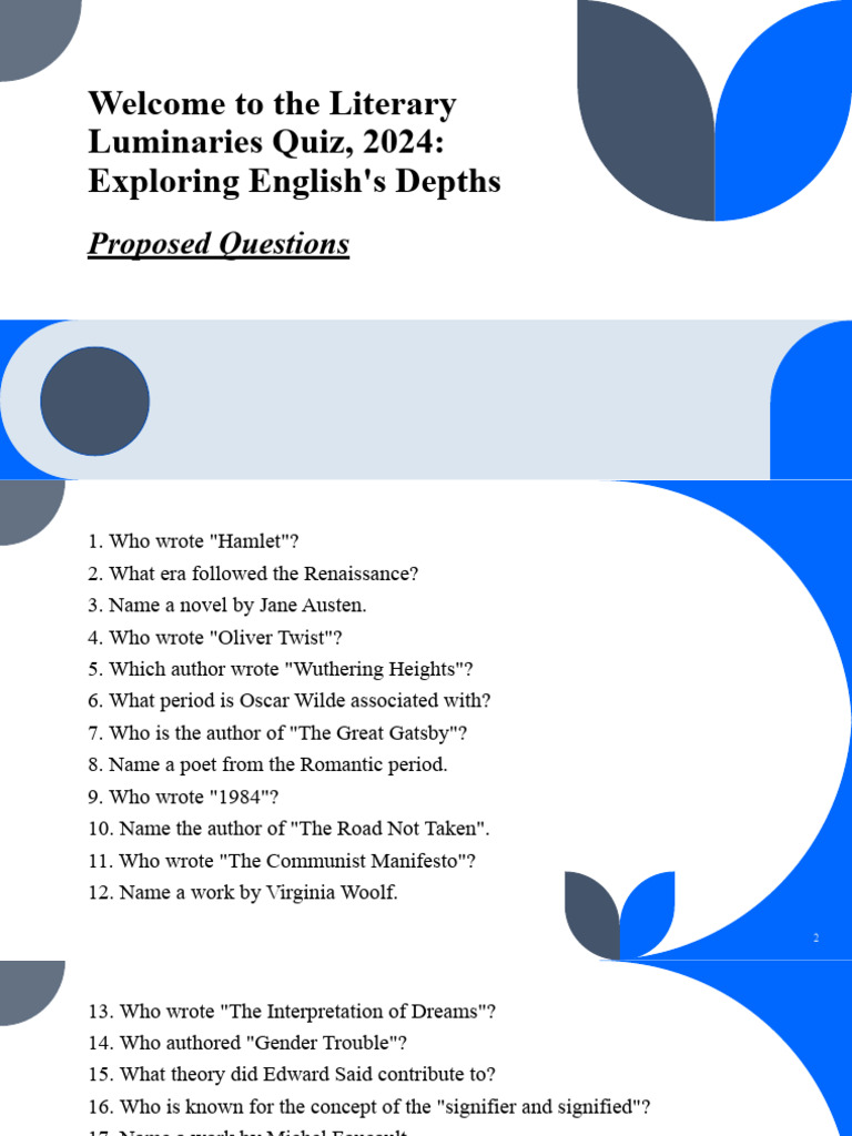Literary Luminaries Quiz 2024 Guide | PDF | Linguistics | Semantics