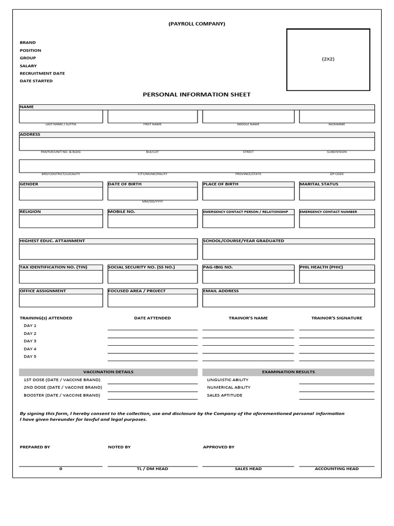 Personal Information Sheet Template | PDF | Vaccination