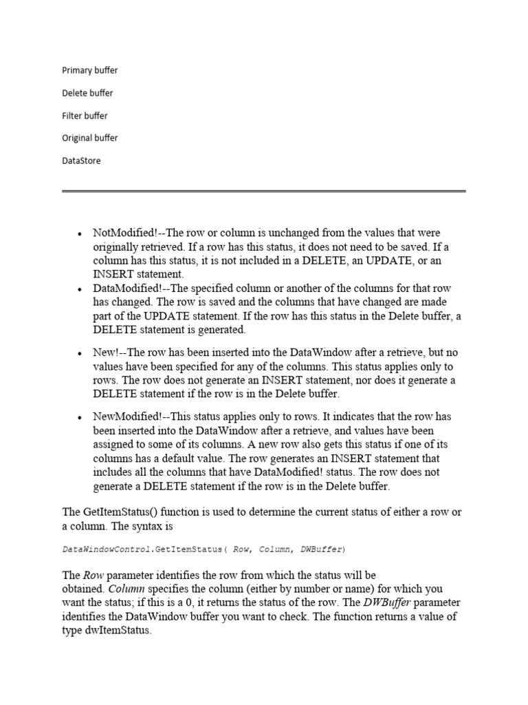 DataWindow Buffer Status Guide | PDF | Parameter (Computer Programming ...
