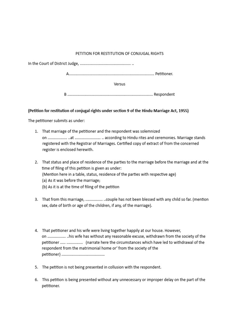 Petition for Restitution of Conjugal Rights | PDF | Marriage | Justice