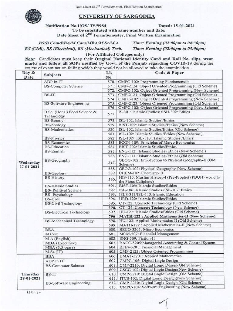 Date Sheet 2nd Term Semster January 2021 - 1611143620 | PDF