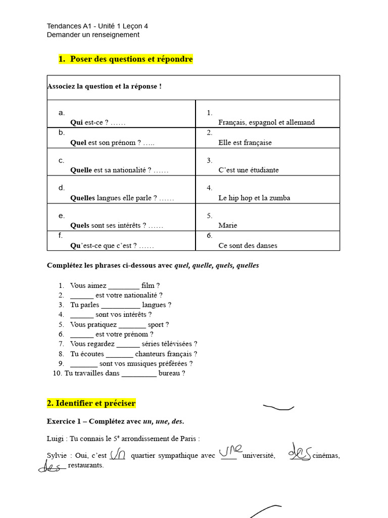 Demander un renseignement en français | PDF