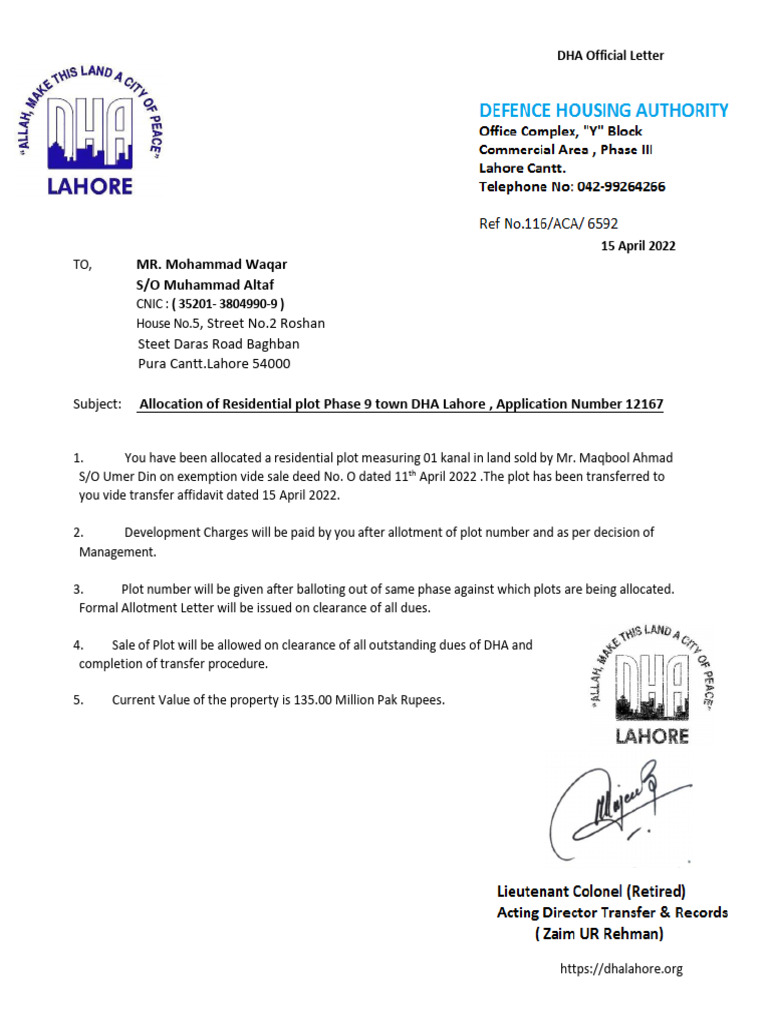 Allocation of Plot File - DHA 9 Town | PDF