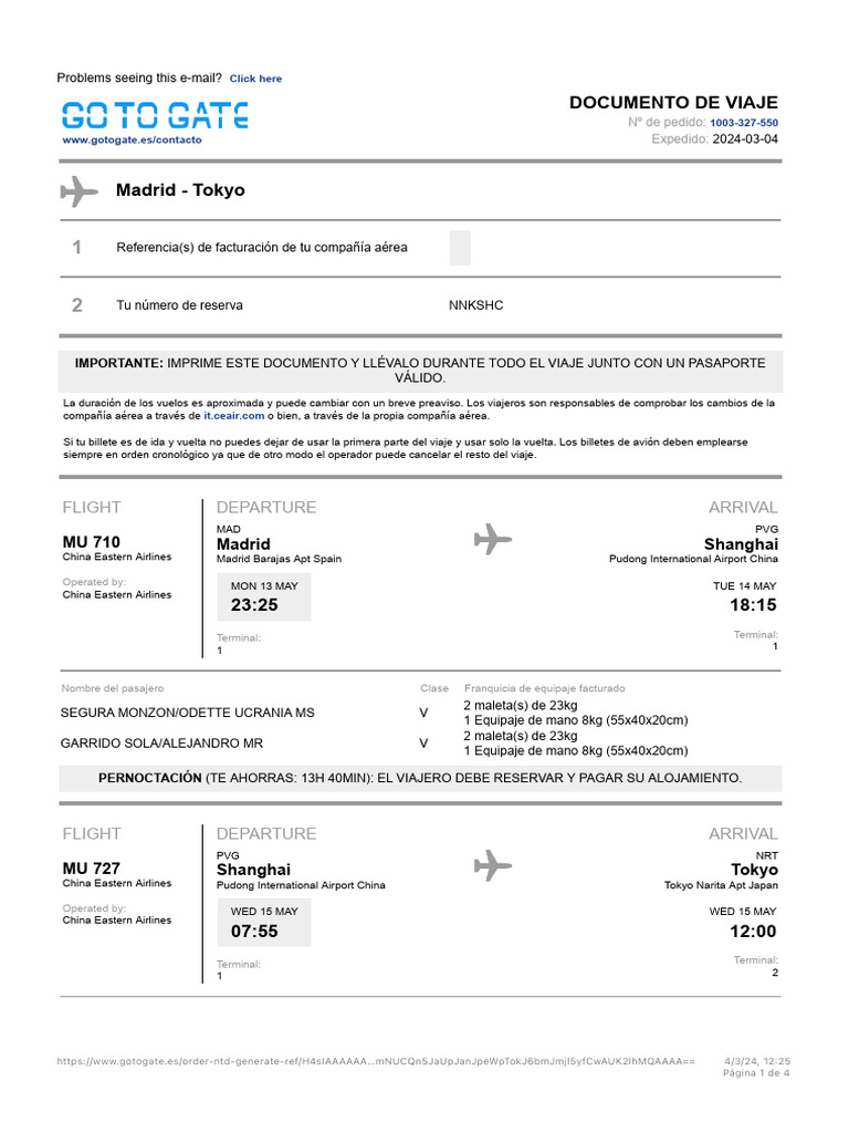 Factura y Detalles Vuelo MU709 | PDF | Compañías de transporte | Aviación