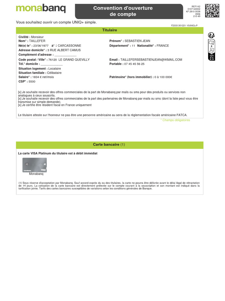 Ouverture de compte UNIQ+ chez Monabanq | PDF