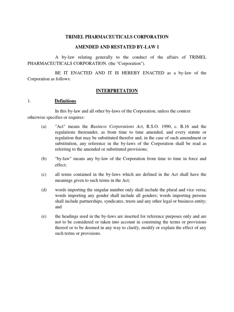 Trimel Pharmaceuticals By-Law Overview | PDF | Dividend | Proxy Voting