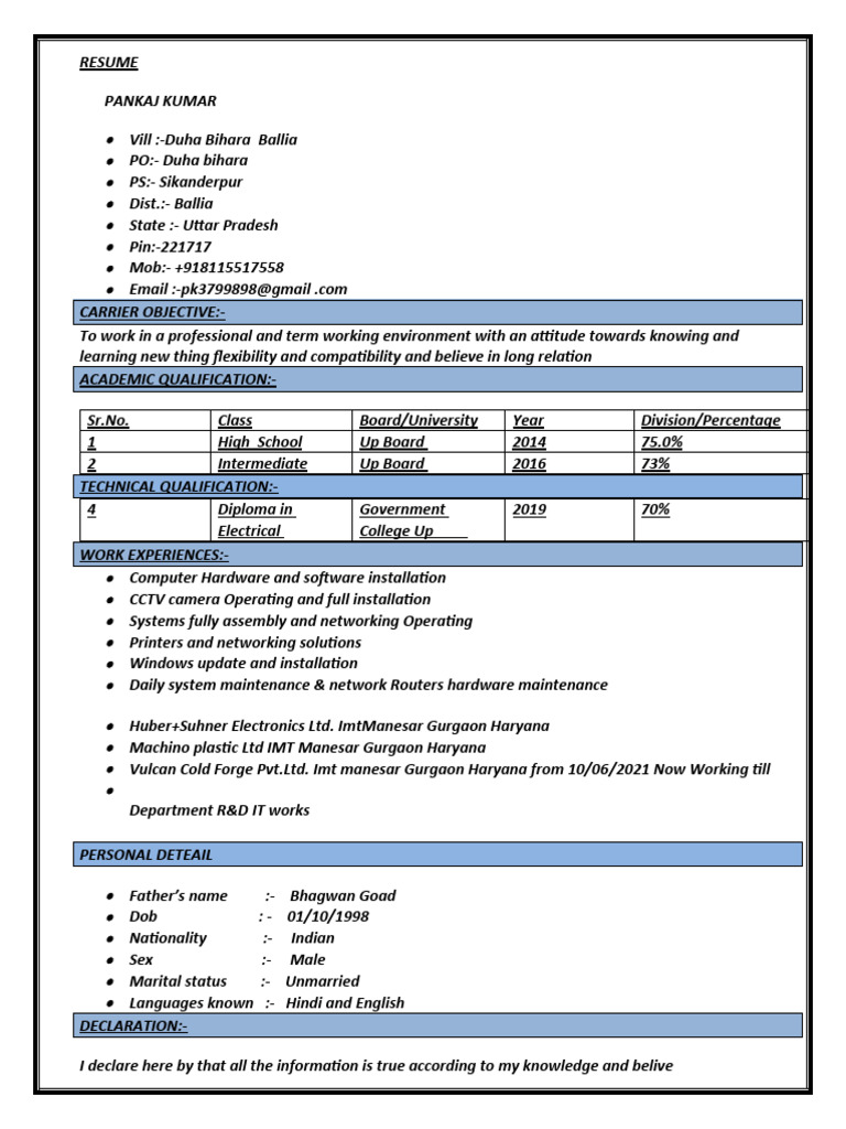 Pankaj Kumar Resume - Electrical Diploma | PDF