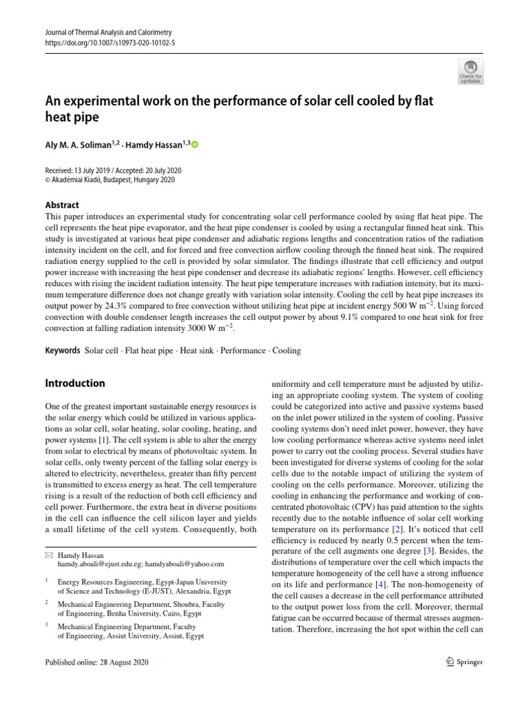 An Experimental Work On The Performance of Solar Cell Cooled by Flat ...