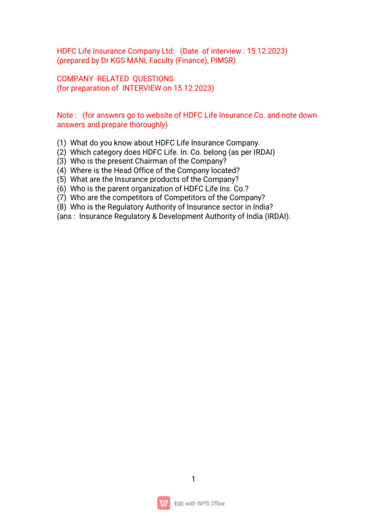 HDFC Life Insurance Interview Prep | PDF | Finance & Money Management