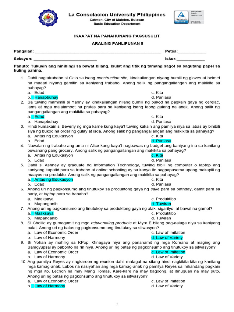 AP9 Ikaapat Markahang Pagsusulit | PDF