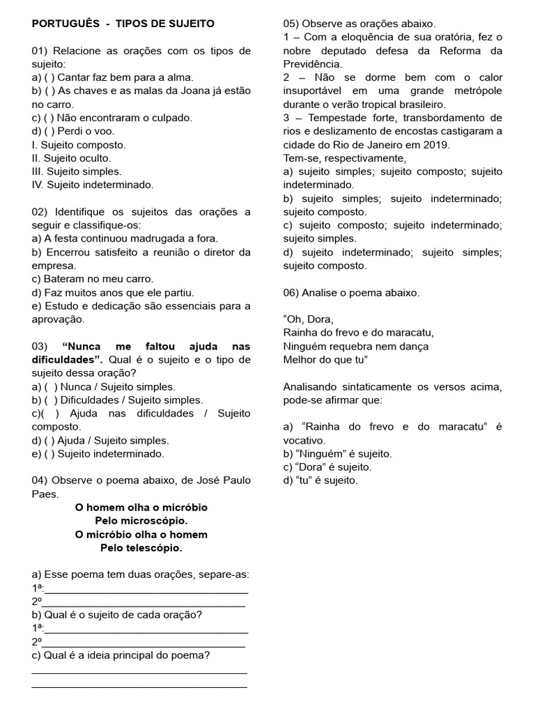 Atividades sobre Tipos de Sujeito 7º Ano | PDF | Assunto (gramática)