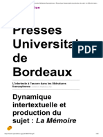 Presses Universitaires de Bordeaux: Dynamique Intertextuelle Et Production Du Sujet: La Mémoire
