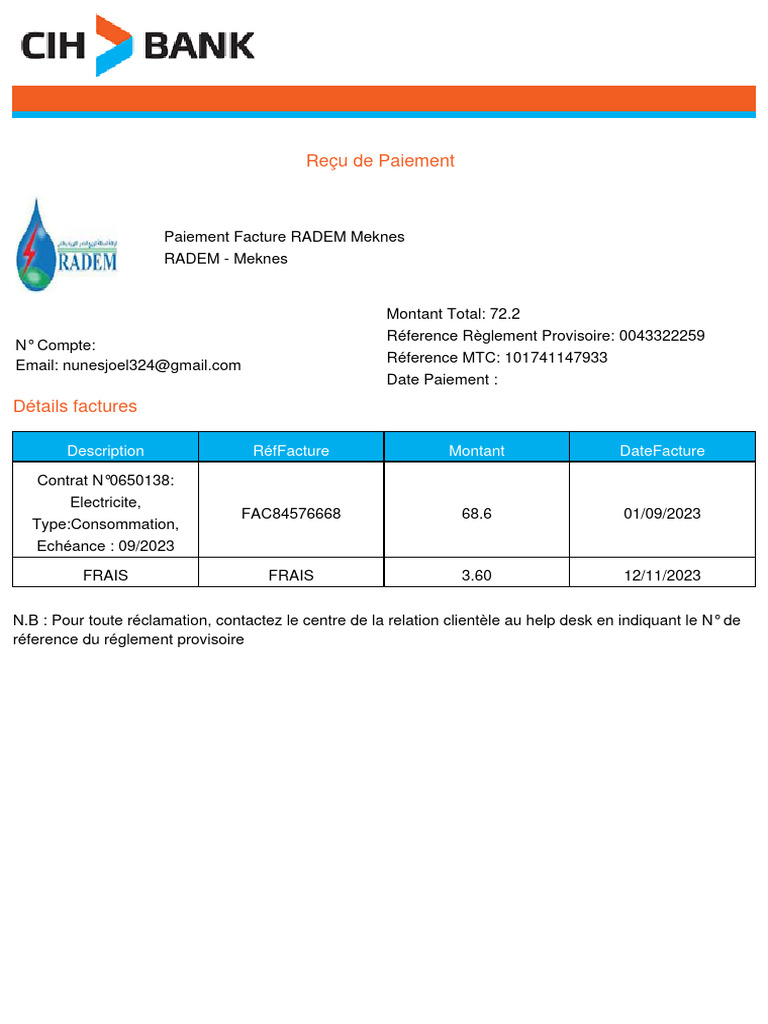 Paiement Facture RADEM Meknes | PDF | Finance et gestion monétaire