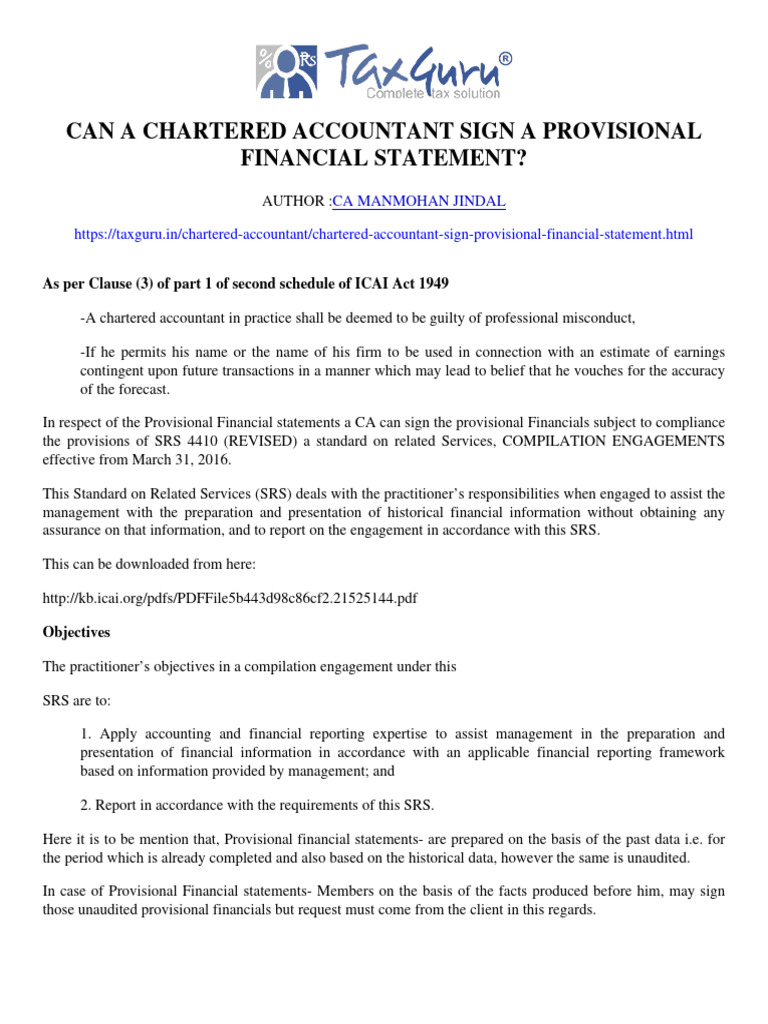 Chartered Accountant Can Not Sign A Provisional Financial Statement ...