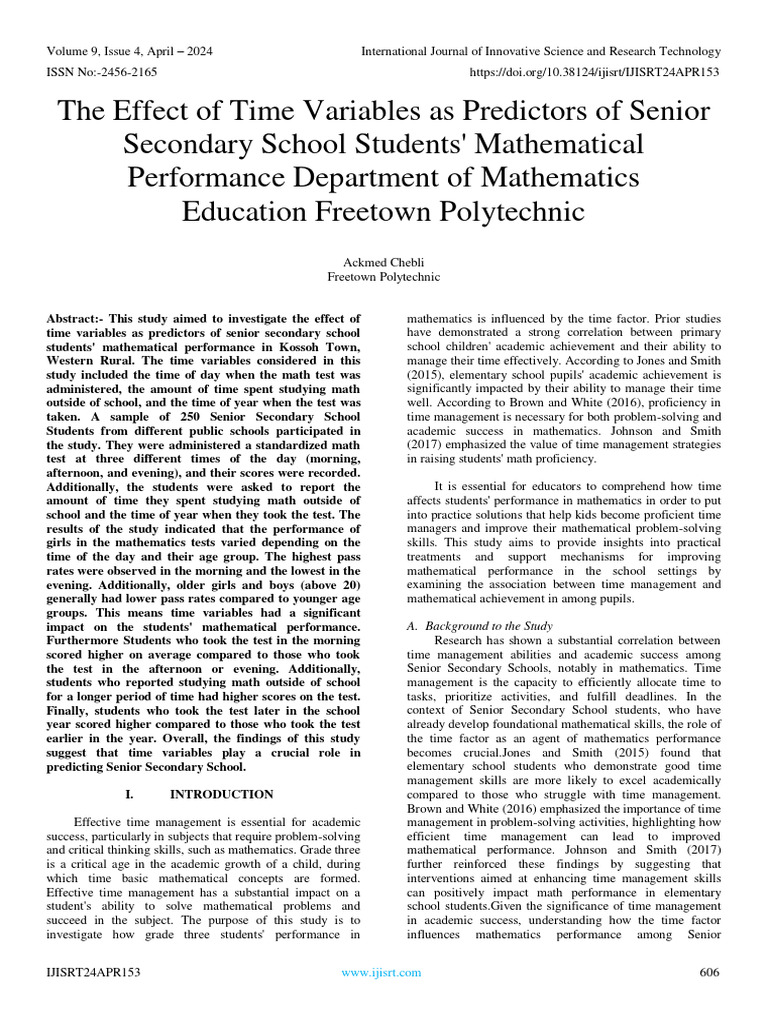 The Effect of Time Variables As Predictors of Senior Secondary School ...