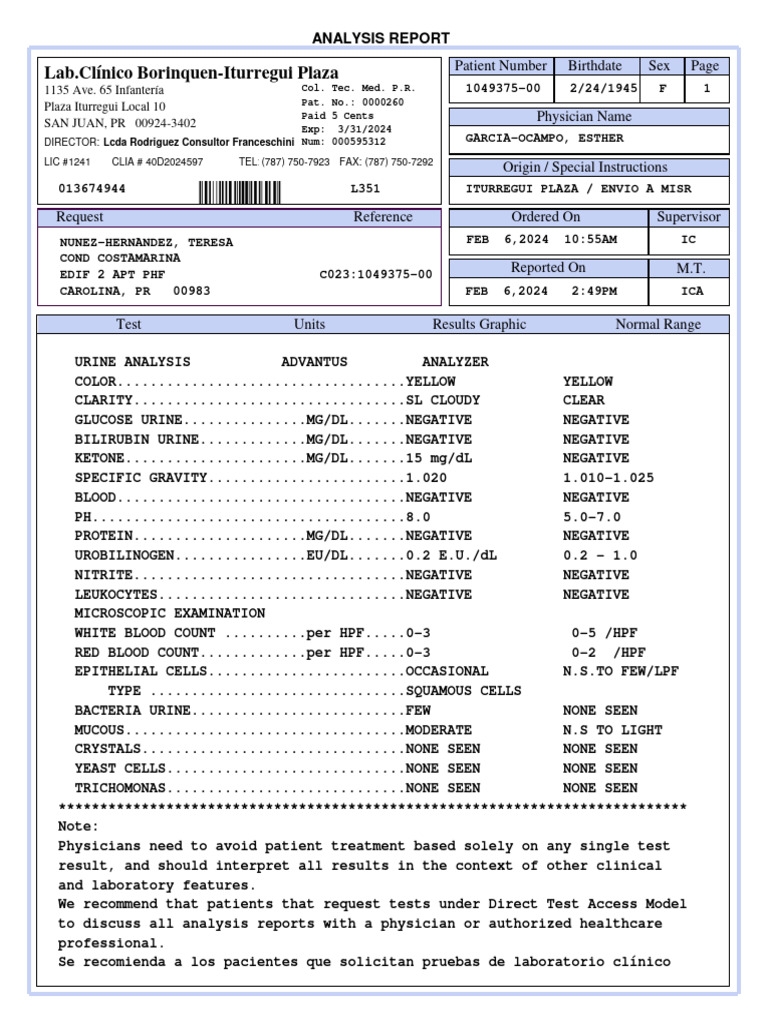 Urine Analysis Results - Lab Borinquen | PDF | Medicine | Clinical Medicine
