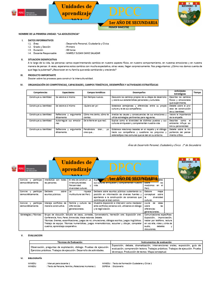 DPCC 1° Secundaria: Unidad 1 Resuelta | PDF | Evaluación | Las emociones