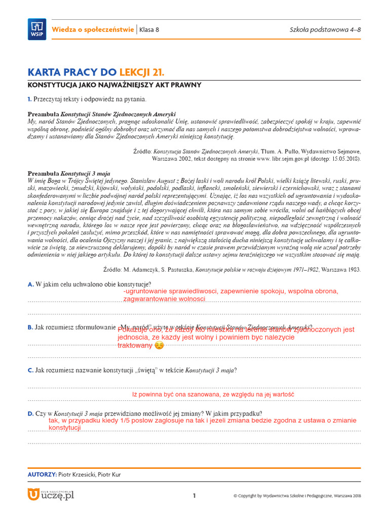 Wos Klasa 8 Dział 2 WOS SP 4 8 WOS KL 8 Karta Pracy 21 Konstytucja Jako Najwaz | PDF