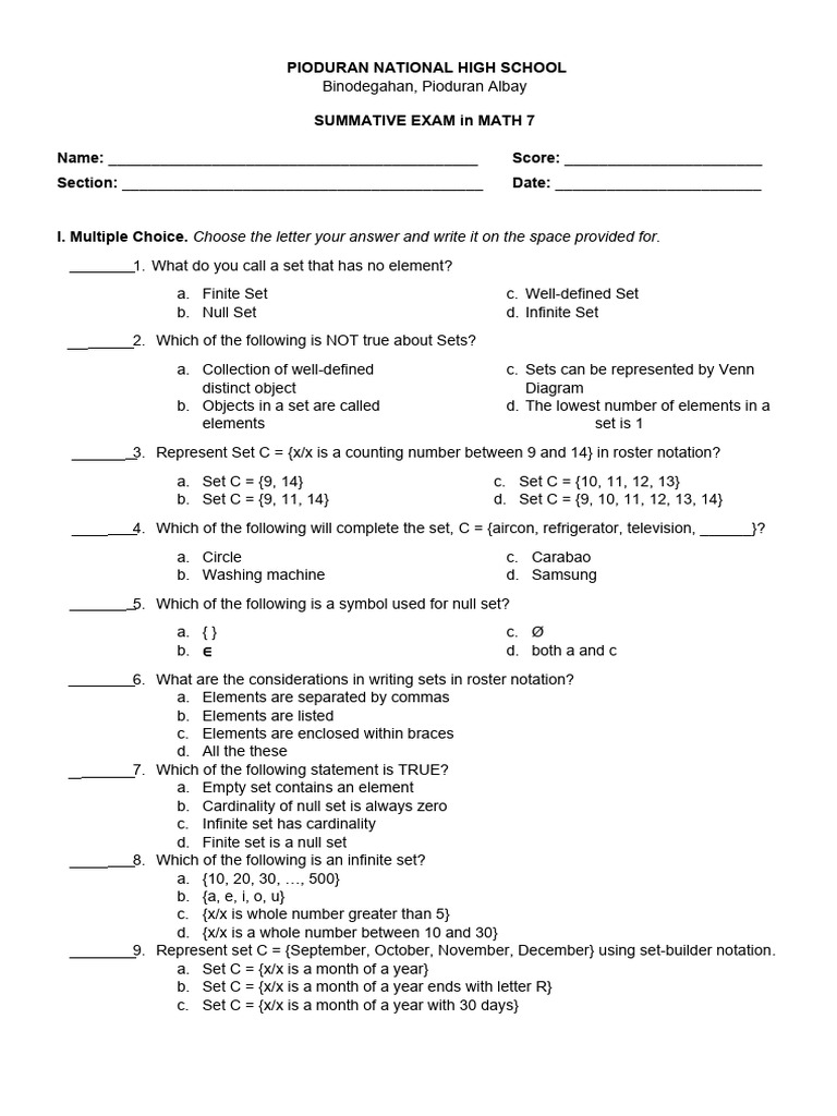 Summative Pdf Set Mathematics Mathematics