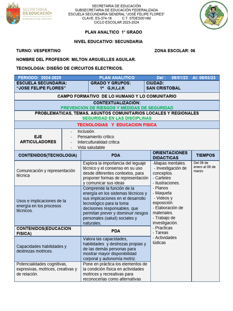 Plan Analítico 1° Grado Secundaria 2024 | PDF | Escuelas | Maestros
