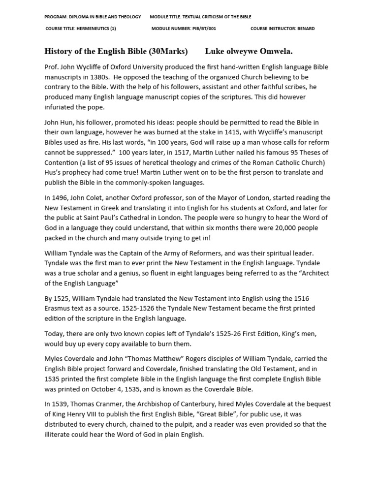 History of the English Bible | PDF | Bible | William Tyndale
