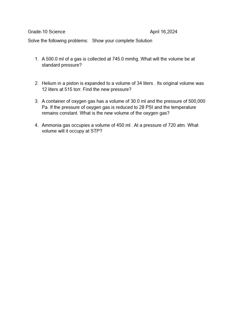 Worksheet G 10 Boyles Law 2 | PDF | Science & Mathematics