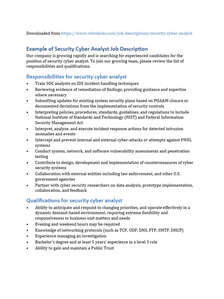 Security Cyber Analyst Job Overview | PDF | Business | Technology ...
