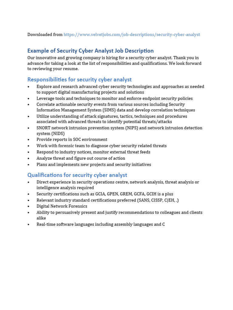 Security Cyber Analyst Job Overview | PDF