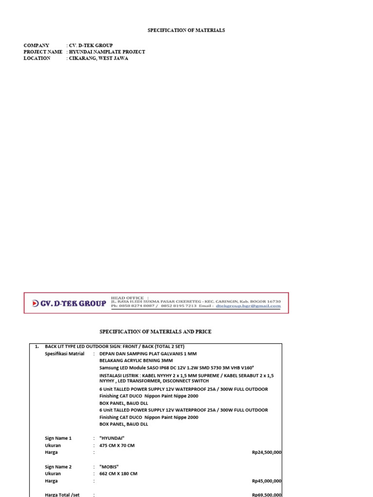 Spesifikasi Dan Harga Material Sign Board 20032024 Pdf Electric