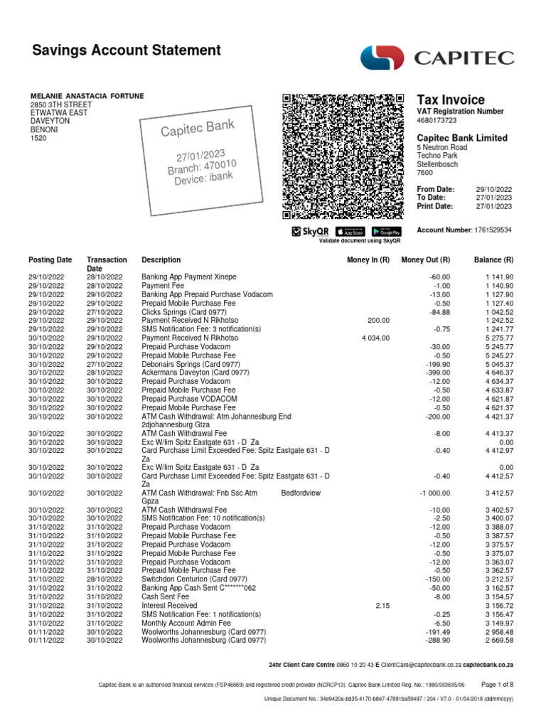 Capitec Bank Savings Statement | PDF | Debit Card | Stored Value Card