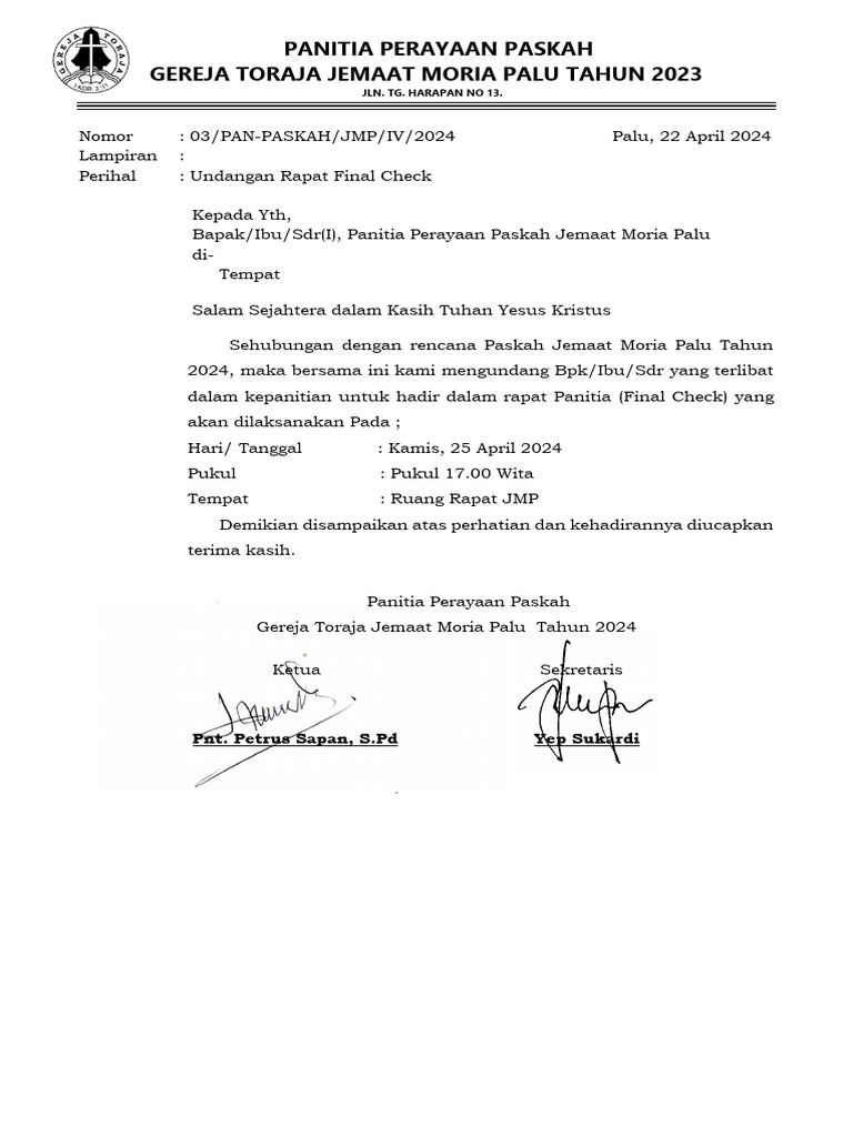Undangan Rapat Final Check Paskah 2024 | PDF