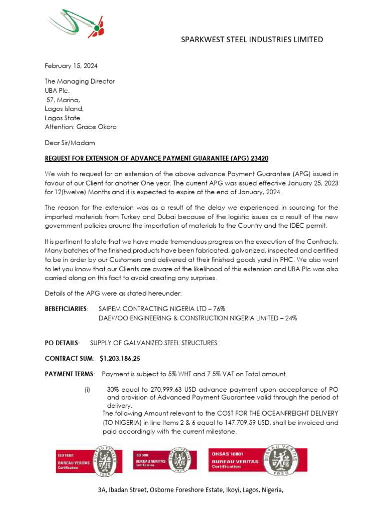 APG Extension For SAIPEM First PO - Renewal | PDF | Receipt | Invoice