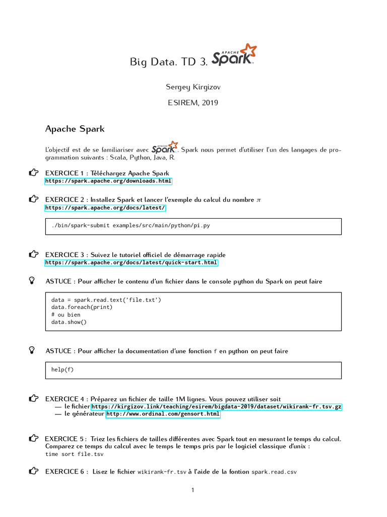 Guide d'installation et exercices Apache Spark | PDF