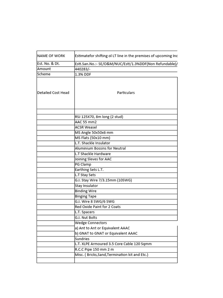 LT Line Shifting Estimate for Industry | PDF | Materials | Wire