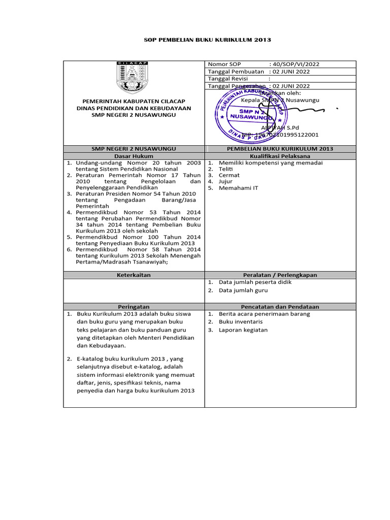 SOP Pembelian Buku Kurikulum 2013 | PDF