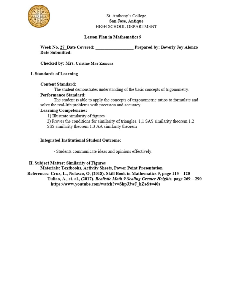 Lesson Plan Math 9 (Week 27) | PDF | Euclidean Plane Geometry ...