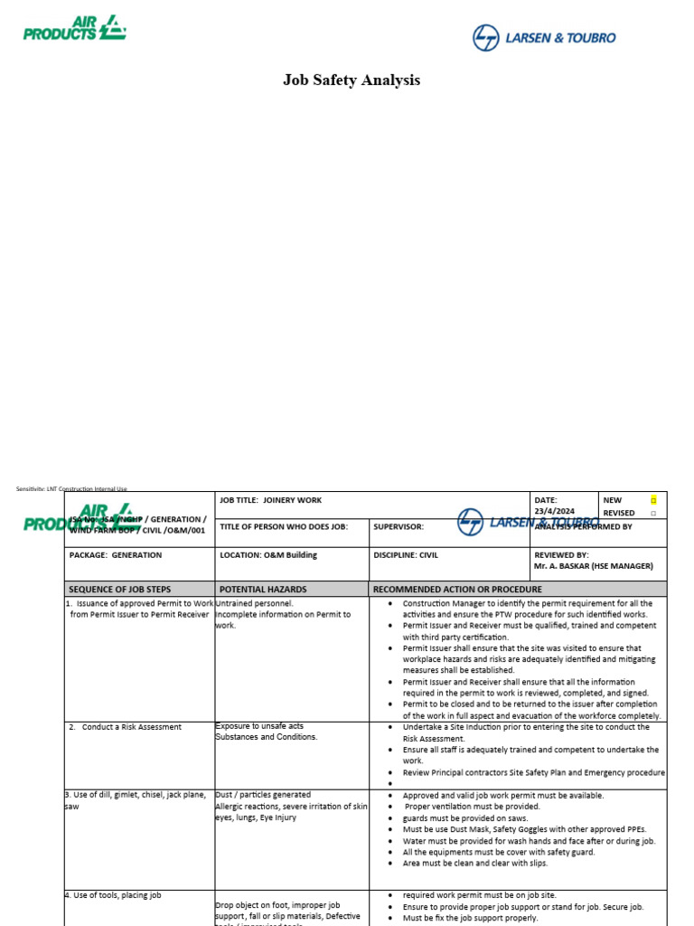 JSA for joinery work | PDF | Hazards | Personal Protective Equipment