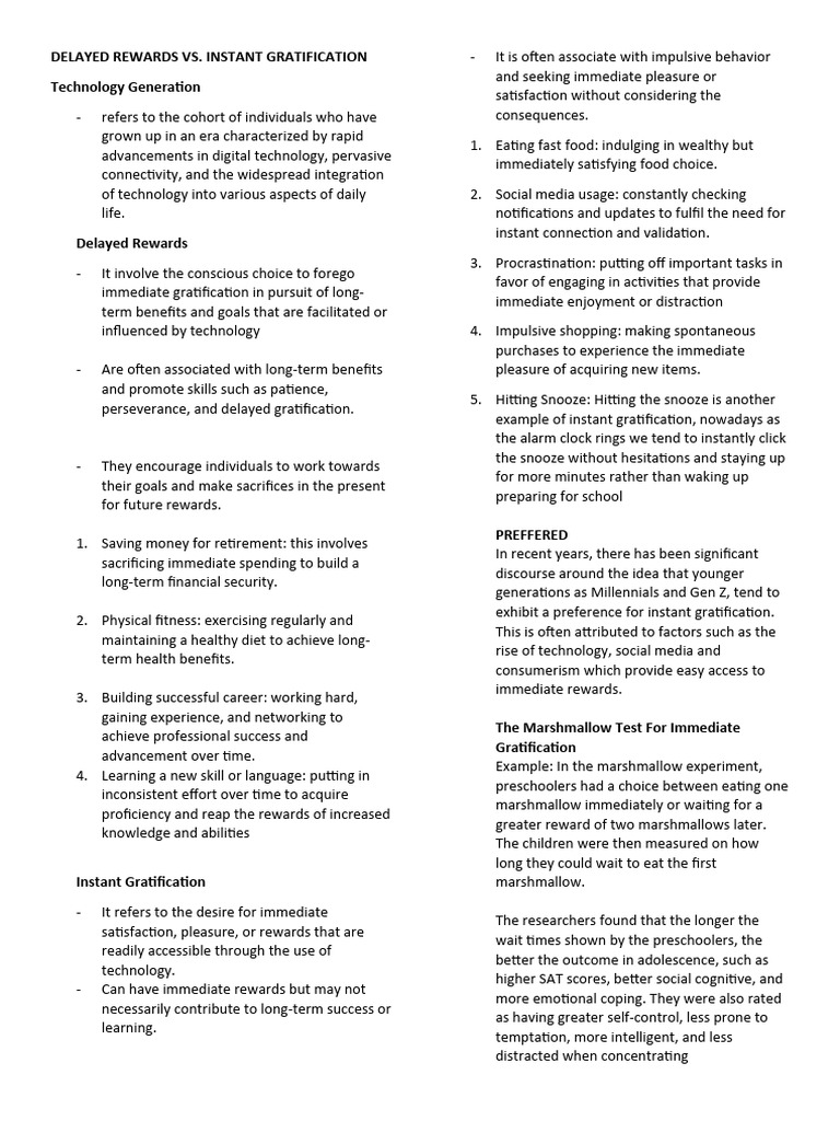 Delayed Rewards vs. Instant Gratification | PDF | Delayed Gratification ...