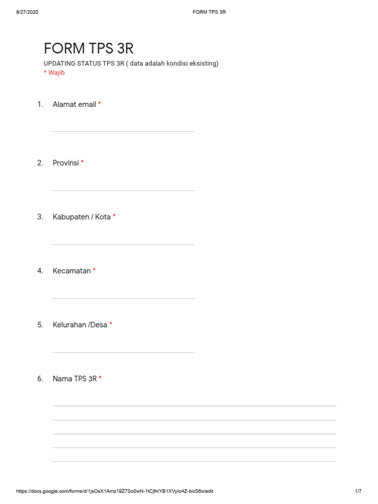 Formulir Data TPS 3R 2020 | PDF