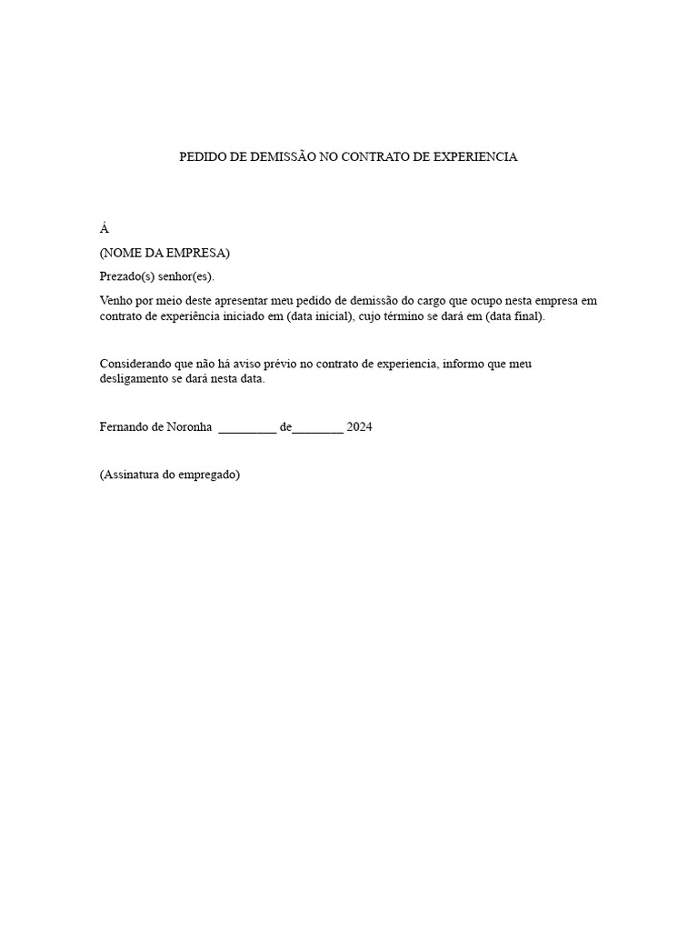 Pedido de Demissão em Contrato de Experiência | PDF | Finanças e ...