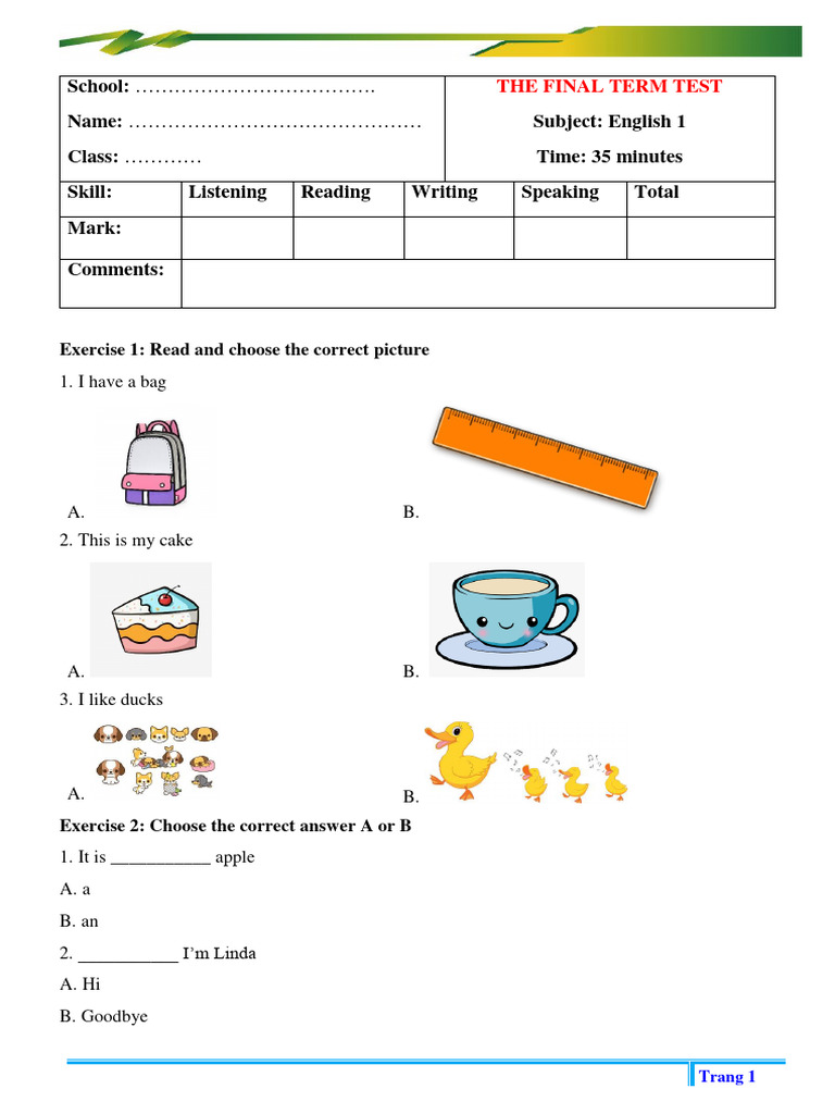 Final Term Test: English 1 Assessment | PDF